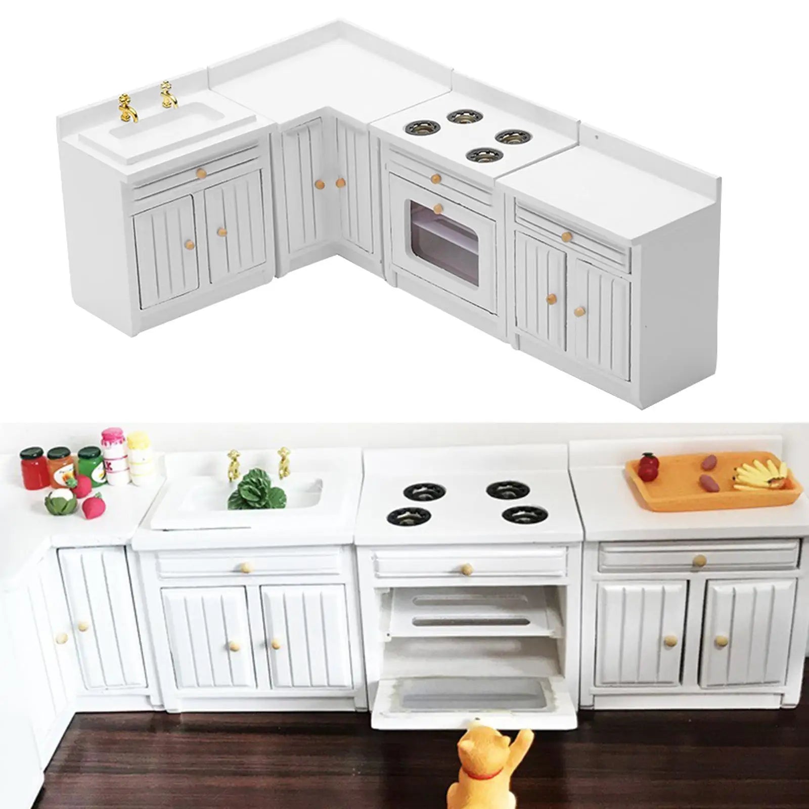Palu Home and Kitchen Brand Dollhouse Miniature Kitchen Full Deluxe Kit Birch Wood Kitchen Cabinet Modern Furniture DIY