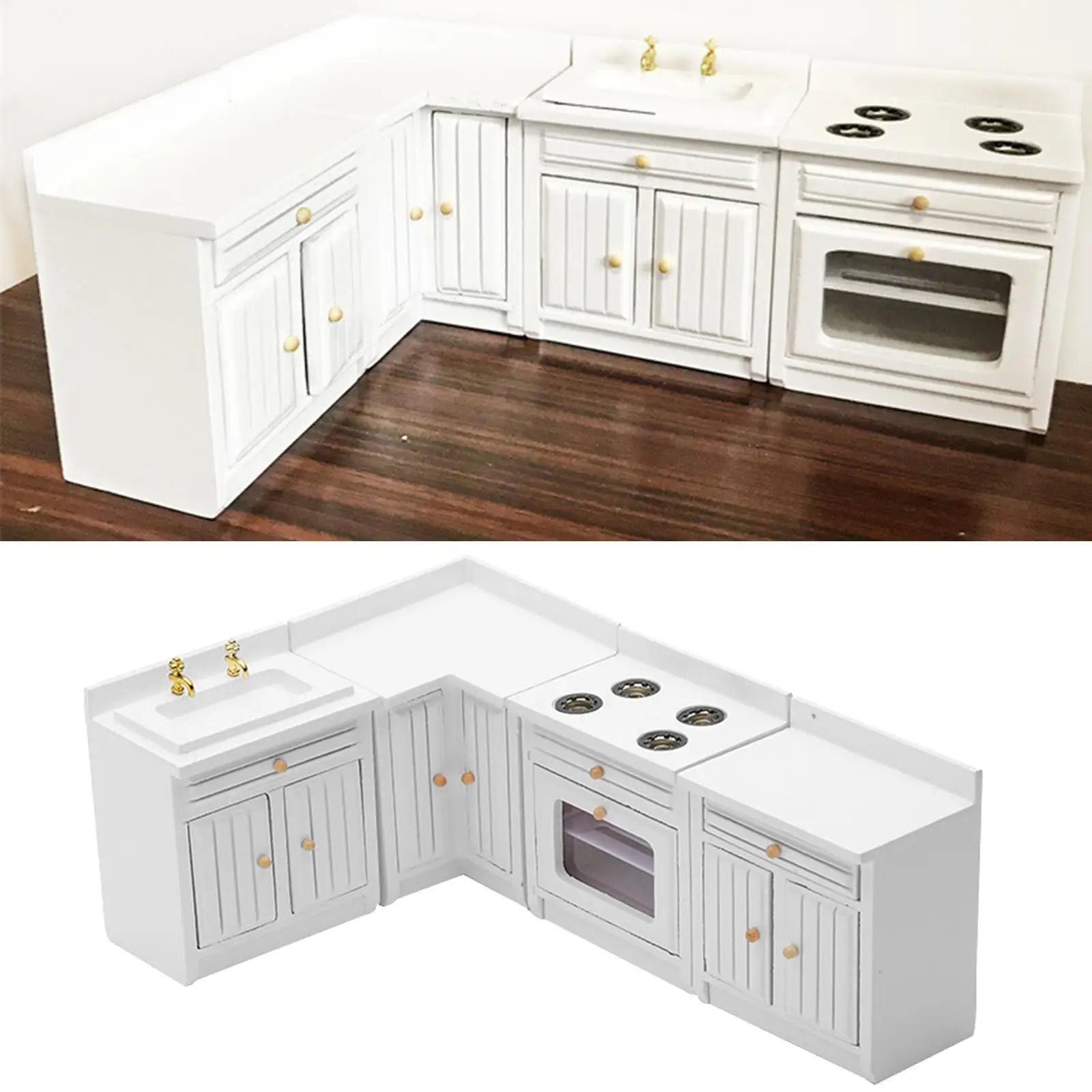 Palu Home and Kitchen Brand Dollhouse Miniature Kitchen Full Deluxe Kit Birch Wood Kitchen Cabinet Modern Furniture DIY